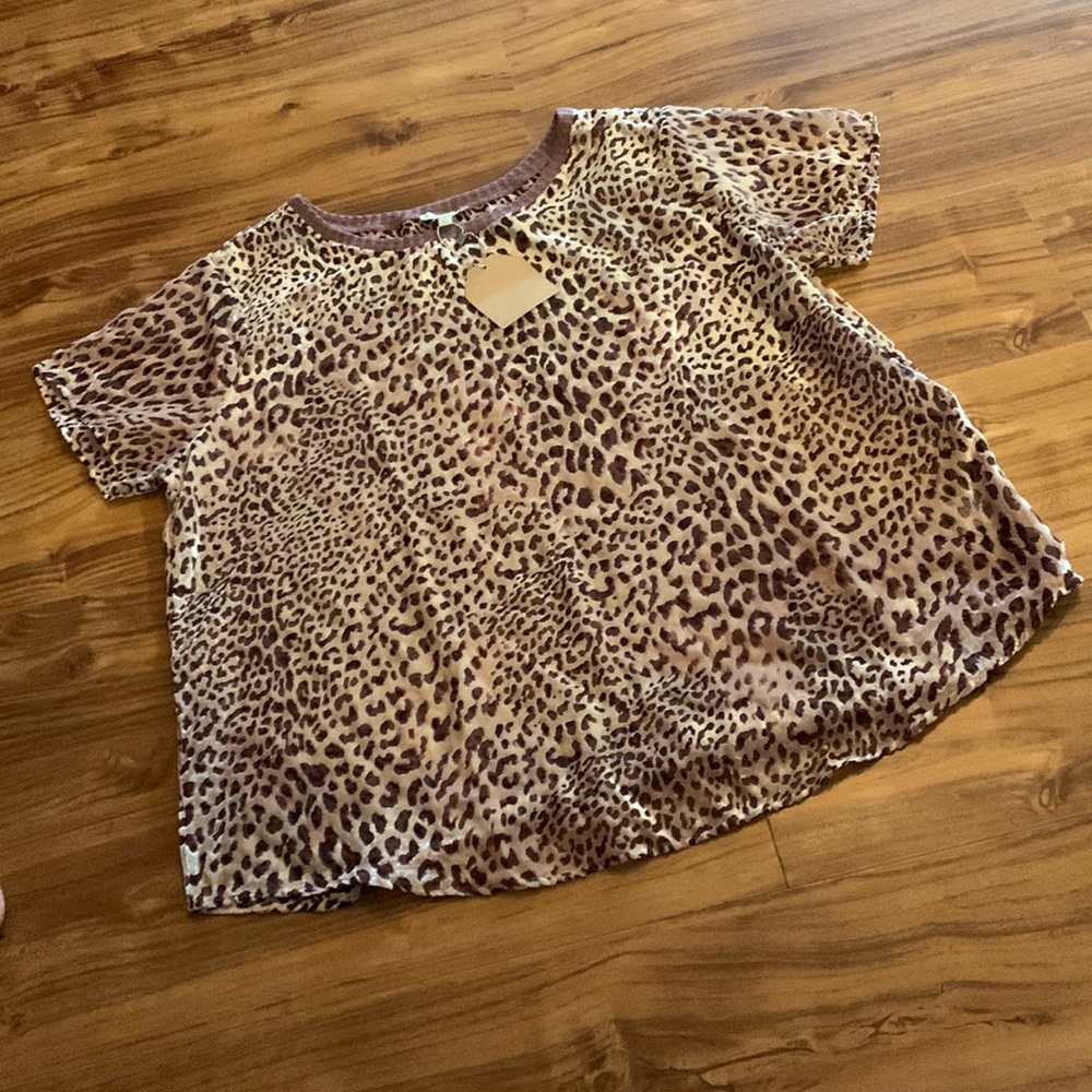 KORI Leopard Velvet Sheer Short Sleeve Top L NWT
